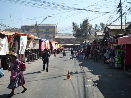 Chaos of shops and telephone cables