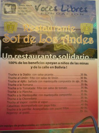 Menú del restaurante Sol de los Andes Menú del restaurante Sol de los Andes