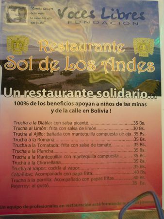 Menu du restaurant Sol de los Andes