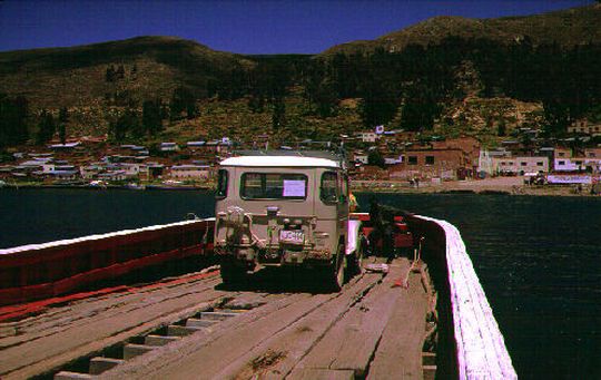 Cars crossing the strait of Tiquina