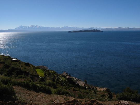 Island of the Moon and Cordillera Real seen from the Island of the Sun Island of the Moon and Cordillera Real seen from the Island of the Sun